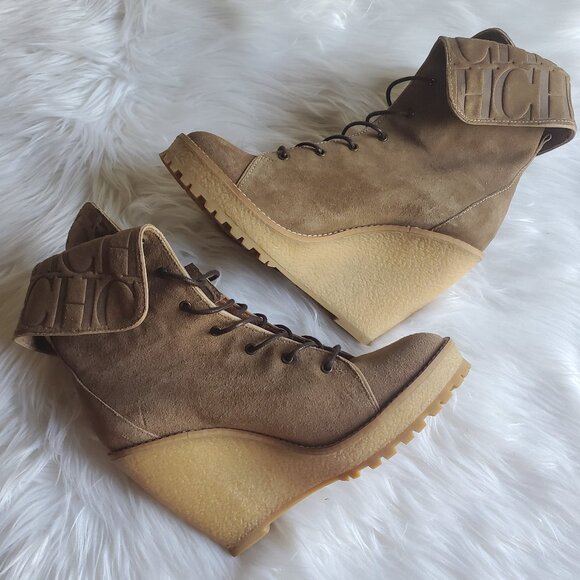 Carolina Herrera Brown Suede Platform Wedge Lace Up Boots SZ 8.5 - Picture 3 of 14